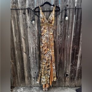La Femme Brown Gold Animal Print V-Neck Floor Length Prom Gown Jeweled waist 00